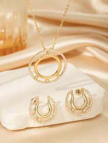镀金圆环全钻项链耳环套装，奢华几何设计，高端“完美”系列，优雅镀金全钻圆环项链耳环三件套 - 金色 - 查看 3