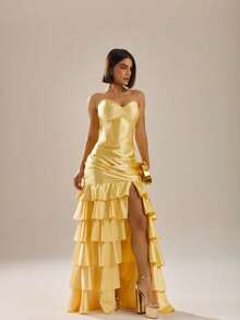 Simple Party Pleated Hem With Asymmetrical Ruffle Formal And Evening - Yellow - View 1