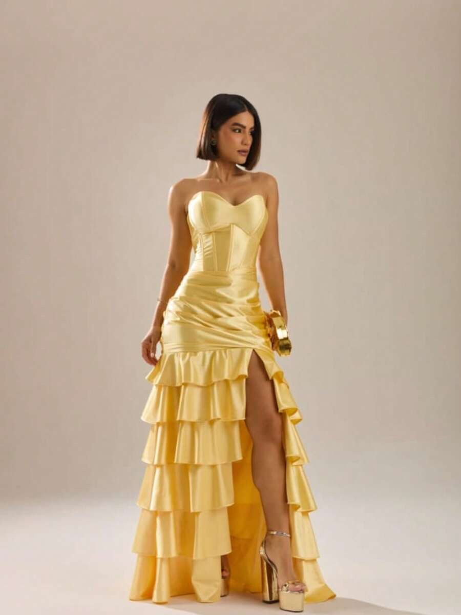 Simple Party Pleated Hem With Asymmetrical Ruffle Formal And Evening - Yellow - View 1