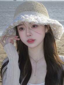 1pc New Spring/Summer Lace Flower Large Beach Hat For Women - Bucket Hat With Sun Protection And UV Protection - Ribbon-Strapped Sunshade Hat With Elegant Bowknot - Beige - View 1