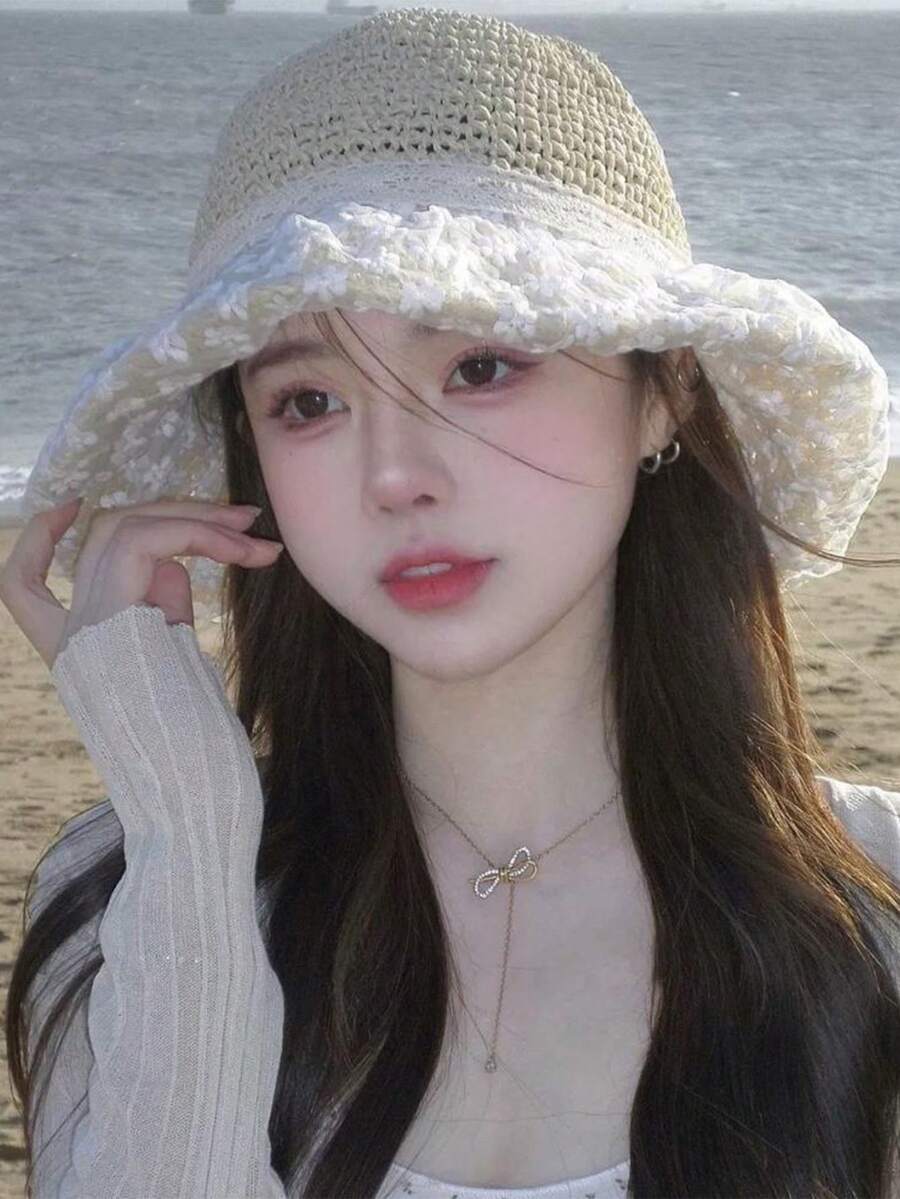 1pc New Spring/Summer Lace Flower Large Beach Hat For Women - Bucket Hat With Sun Protection And UV Protection - Ribbon-Strapped Sunshade Hat With Elegant Bowknot - Beige - View 1
