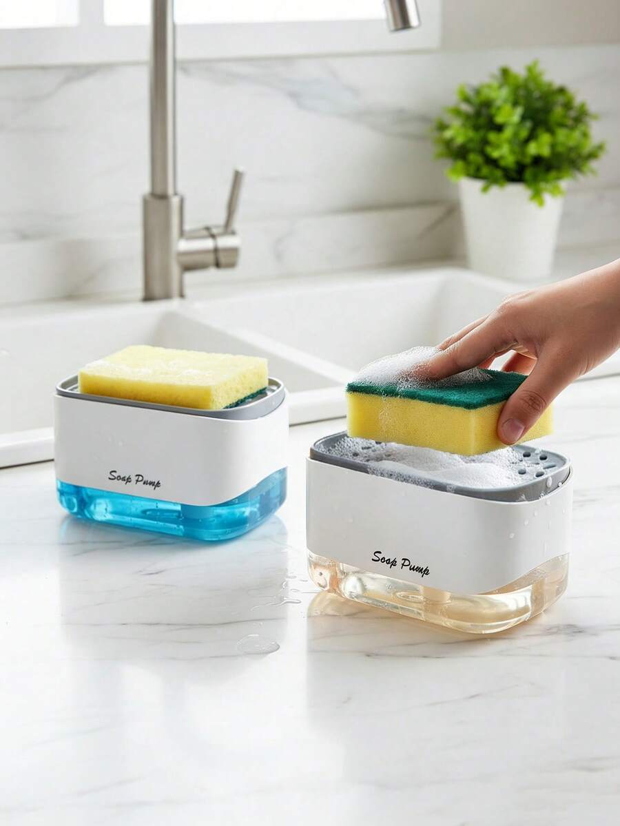 1pc Kitchen Soap Dispenser, Dishwashing Liquid Dispenser With Sponge Holder, Includes Dishwashing Sponge, Refillable Large Capacity Soap Dispenser, Creative Plastic Pump Soap Dispenser
