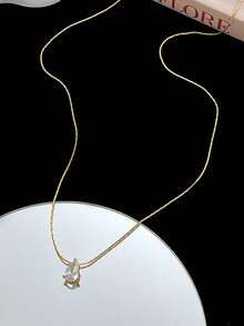 1pc Women's Necklace, Stainless Steel Water Drop Cubic Zirconia Pendant Necklace, Versatile Daily Wear Layering Accessory - Yellow Gold - View 3