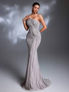 黑色蕾丝褶皱单肩圆形设计高开衩系带美人鱼拖尾优雅晚礼服 - 淺灰色 - 查看 6