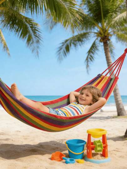 1pc Rainbow Design Canvas Outdoor Hammock Swing, Essential For Camping, Beach, Hiking And Other Outdoor Activities