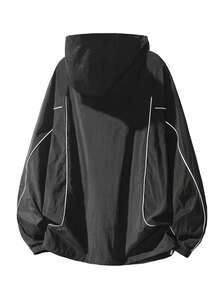 1pc Men's Black Pleated Textured Hooded Zip-Up Jacket, Lightweight Breathable Comfortable Minimalist Vintage Style Men's Outerwear, Machine Washable & Dry Cleanable, Wrinkle-Resistant, Casual Wear - Black - View 7