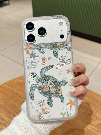 1pc Sea Turtle, Starfish & Shell Allover Print Matte Translucent TPU Shockproof Protective Phone Case, Coastal Nautical Aesthetic Design, Compatible With IPhone 11/12/13/14/15/16/16 Plus/17/17 Pro/17 Pro Max And Galaxy S24 Ultra/S25 Ultra/A06/A17, Suitable For Summer, Beach Lovers, Birthday, Anniversary And Daily Use