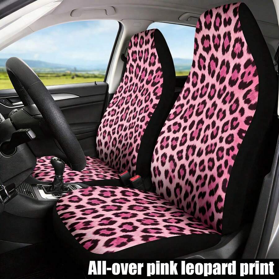 1 bộ bọc ghế ô tô in họa tiết da báo toàn thân, chất liệu lụa băng, chống bụi, phù hợp cho xe SUV & Sedan, họa tiết da báo hồng & đen unisex, có thể giặt được. - Nhiều màu - Xem 1