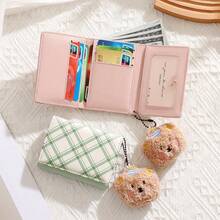 可爱格子小三折钱包 PU 皮革卡包 带小熊吊坠 女孩款 多卡位 - 彩色 - 查看 2