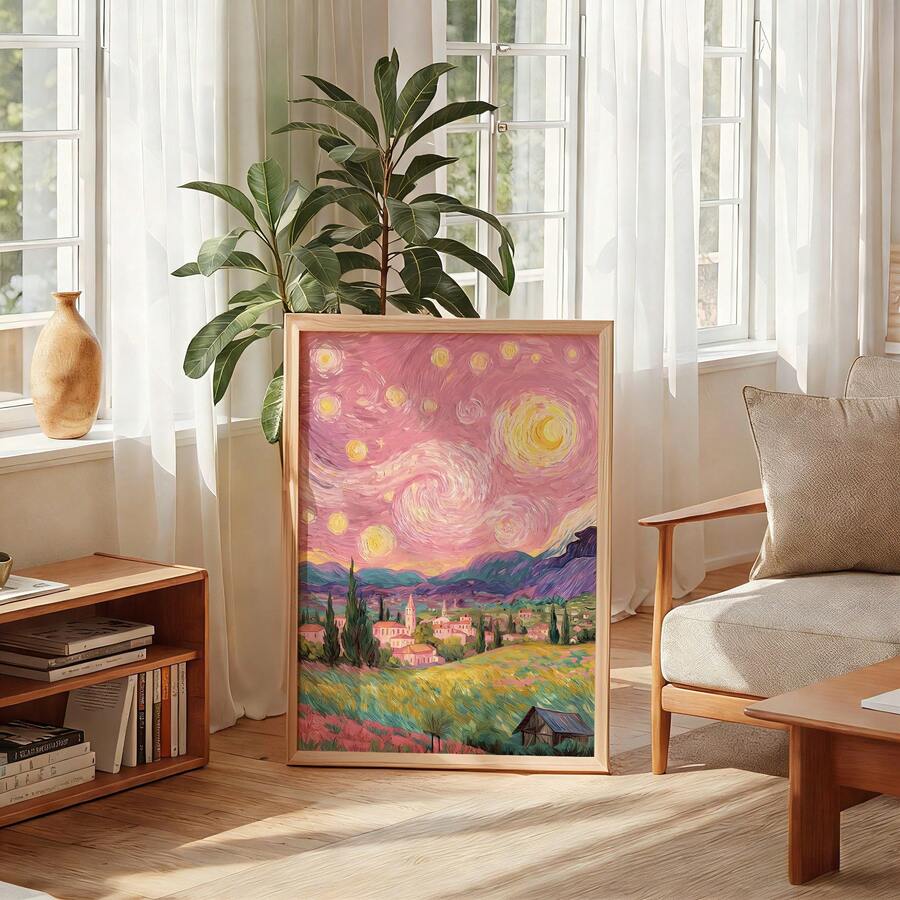 1幅粉色星空墙画，柔和色调日落油画帆布印刷品|现代印象派艺术装饰画，适合女孩卧室、宿舍、客厅或办公室家居装饰，印象派风景海报，送给艺术爱好者的礼物，可选择无框或有框 - 圖案 - 查看 1