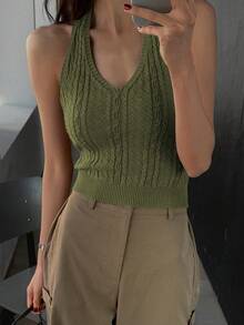 春夏女式鼠尾草绿绞花针织露背吊带衫 - V领无袖短款上衣，性感Y2K风格，适合度假和叠穿 - 橄欖綠 - 查看 3