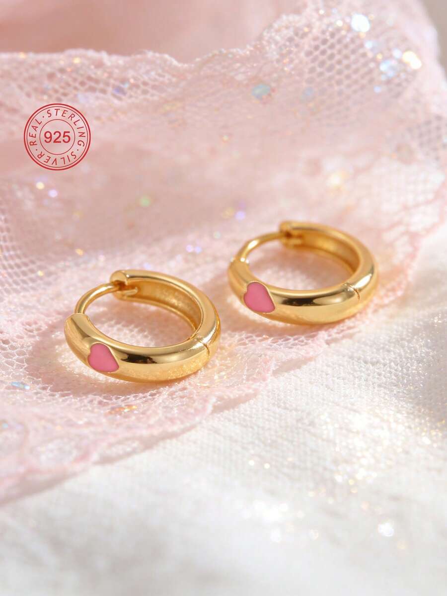 1pc 925 Sterling Silver Low Allergy Pink Heart Hoop Earrings, Minimalist & Cute, Suitable For Daily Wear Or Vacation, Gift For Girls, Friends - one-size - View 1