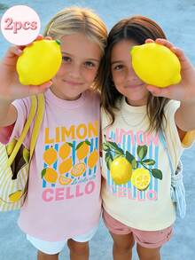 2 pièces/set T-shirt à manches courtes avec imprimé citron pour préadolescentes, convient pour tenue assortie de sœurs/meilleures amies préadolescentes, vêtements d'été - Multicolore - Voir 2