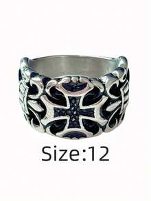 1pc Vintage Gothic Cross Engraved Floral Pattern Stainless Steel Ring, 316L Stainless Steel With Plating, Durable Waterproof Non-Fading Hypoallergenic, Suitable For Casual Wear And Fashion Styling - Silver - View 25