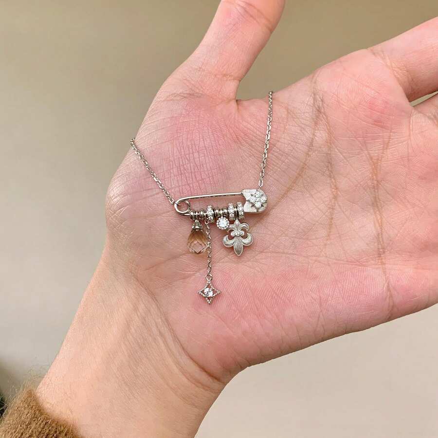 1件复古奢华磨砂鸢尾花项链，星光石英水晶胸针设计颈链 - 拉絲鳶尾花款 - 查看 1