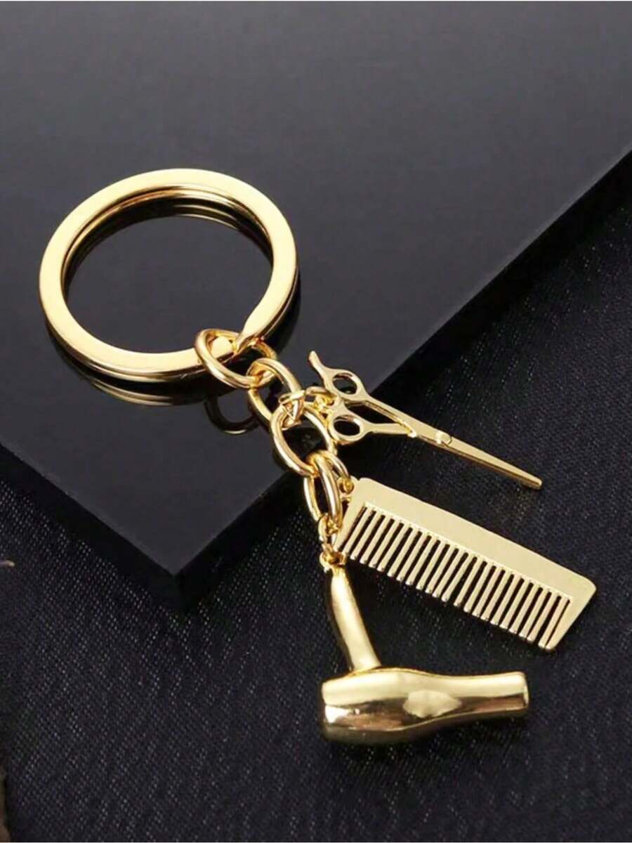 Street Gold Color Diy Hairdressing Scissors Blow Dryer Comb Pendant Shaped Key Chain Car Accessories Bag Charm School Cute Goth Y2k - Vàng - Xem 1