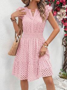Women's Summer Dresses Eyelet Cap Sleeve V Neck Short Boho Wedding Guest Graduation Dress Beach Vacation Sundresses Rose Red Dresses For Women - Hồng - Xem 4