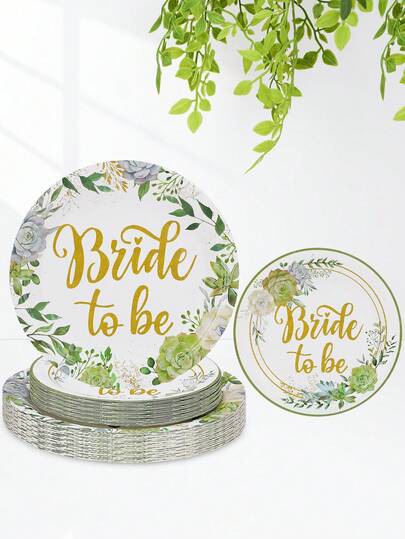 10/20/30件套薄荷绿“准新娘”纸盘婚礼派对餐具套装 - 绿色植物餐具，适合订婚派对、新娘送礼会等。