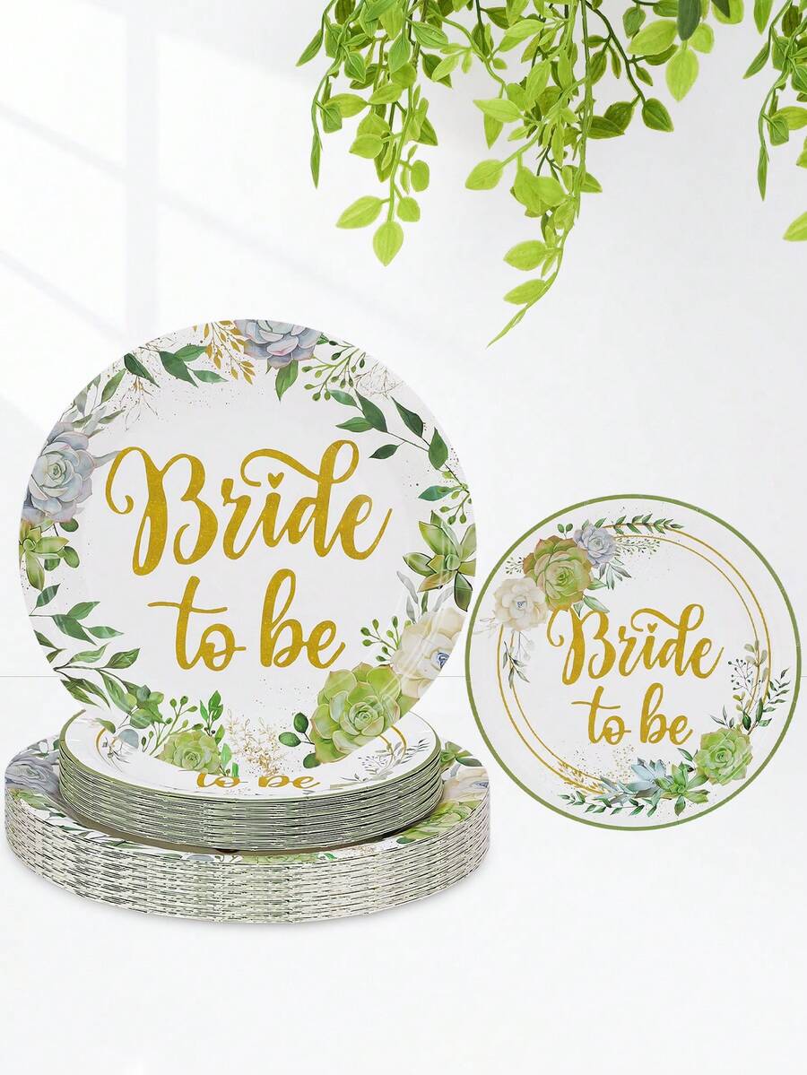 10/20/30件套薄荷绿“准新娘”纸盘婚礼派对餐具套装 - 绿色植物餐具，适合订婚派对、新娘送礼会等。 - 多色 - 查看 1