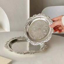 1pc Vintage Tray, Cup Coaster, Candle Mat, Jewelry Organizer Plate, Silver/Gold Metal - Silver - View 2