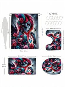 Bộ 1/4 món rèm tắm chống thấm nước họa tiết phù thủy đen, chất liệu polyester dày chống nấm mốc, bao gồm 12 móc treo, thảm chống trượt, thảm hình chữ U và nắp bồn cầu tròn. - A - Xem 3