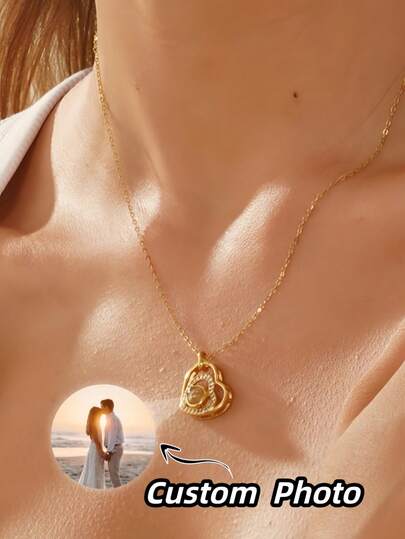 1 pieza Collar con proyección de foto personalizada, collar de proyección de acero inoxidable y rhinestone personalizado, collar de proyección minimalista y versátil para mujeres, personaliza la foto, regalo de boda/cumpleaños para pareja, familia, amigos