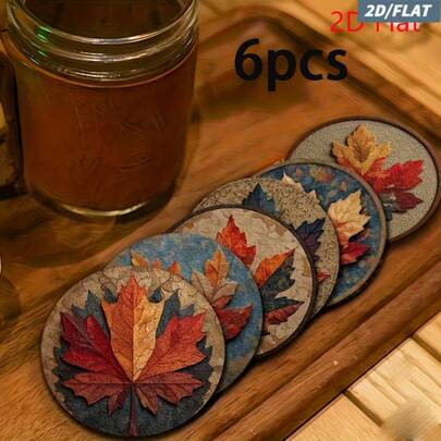 6个2D枫叶图案圆形木质杯垫，适用于庭院、厨房、客厅、家庭聚会、餐桌装饰，是节日、婚礼、生日、派对等场合赠送亲朋好友的理想礼物，也是家居装饰配件。