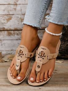 Women's Skull Head Sandals, New Summer Roman Flat Sandals, Women's Clip Toe Comfortable Minimalist Casual Beach Holiday Style, Fashionable Slip-On - Khaki - View 3