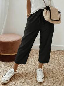 女士黑色抽绳系带口袋七分裤，休闲度假风，适合春秋季日常及假日穿着 - 黑色 - 查看 1
