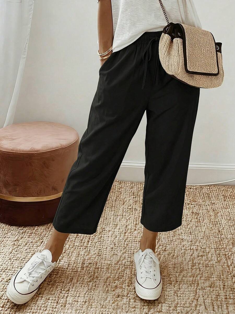 女士黑色抽绳系带口袋七分裤，休闲度假风，适合春秋季日常及假日穿着 - 黑色 - 查看 1