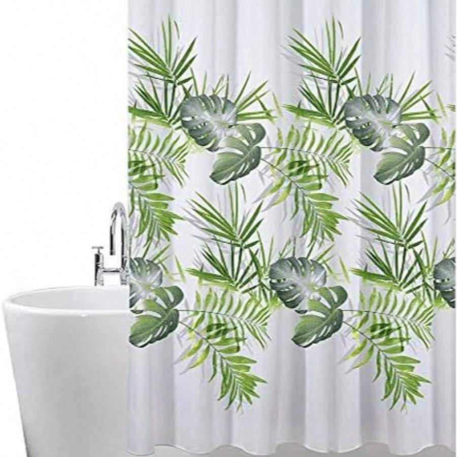 ANSIO Bathroom Shower Curtain - Mildew Resistant - Leaf Pattern - Palm Green, 180 X 180 Cm (71 X 71 Inches) | Waterproof Fabric | 100% Polyester