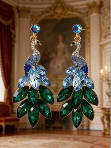 一对奢华密镶水晶孔雀耳环，渐变宝石耳坠，专属设计正式礼服耳环 - 淺藍色 - 查看 2