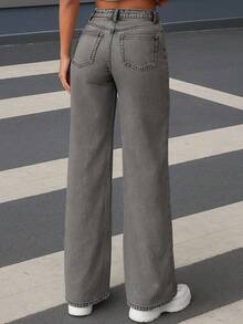 Autumn Women's Street Light Blue Mid Waist Jeans Slim Fit Straight Leg Casual Pants And Versatile Washed Denim Spring - Light Grey - View 2