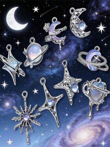 9pcs Random Rhinestone Star, Moon, Heart Shaped Pendant, Y2K Style DIY Necklace, Bracelet Jewelry Accessories - Blue - View 2