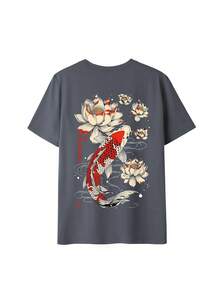 3件套夏季新款时尚仙鹤锦鲤印花休闲圆领短袖T恤，百搭女式上衣 - 深灰和黑色和杏色 - 查看 4