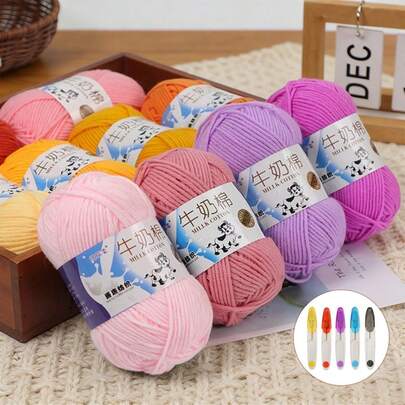 6 Packs Milk Cotton Yarn, Handmade DIY Knitting Materials Kit, Includes Random Color Scissors, For Sweater, Bag, Scarf, Crochet