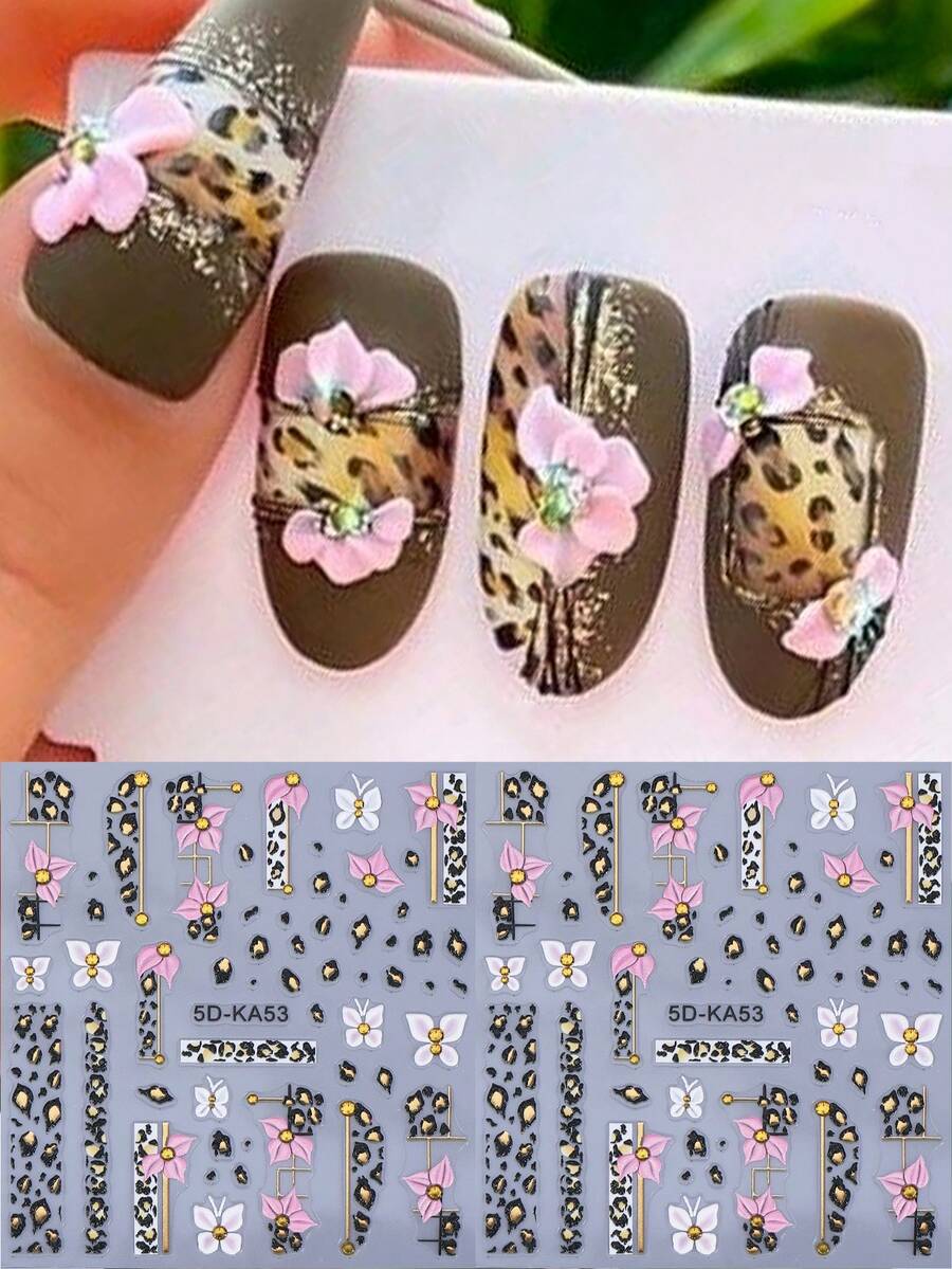 2 miếng dán móng tay hình hoa, bướm, báo vàng, họa tiết mùa xuân, dập nổi 5D, màu hồng, họa tiết hoa, đường kẻ màu đồng, hình học, tự làm, trang trí móng tay, phụ kiện làm móng cho salon. - Nhiều màu - Xem 1