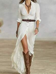Un vestido largo de color liso con cuello en V y falda recta de talle medio, con un estilo sexy y atrevido de chica. - Blanco - Ver 3