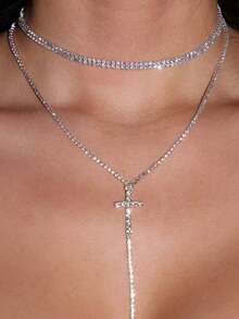 1件水晶十字架长项链，时尚百搭多层水钻十字架吊坠项链，适合开斋节佩戴 - 銀色 - 查看 1