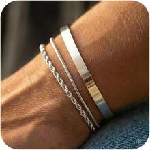 Set Of 3 Men's Chain Bracelets, Delicate And Stackable Sterling Silver Bracelets For Men, Not Tanish Simple Snake Rope Bracelet For Men, Jewelry Sizes 6.5/7/7.5/8/8.5/9, 41969363 - Coffee - View 1