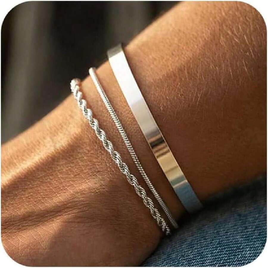 Set Of 3 Men's Chain Bracelets, Delicate And Stackable Sterling Silver Bracelets For Men, Not Tanish Simple Snake Rope Bracelet For Men, Jewelry Sizes 6.5/7/7.5/8/8.5/9, 41969363 - Coffee - View 1