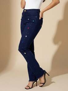 pthirillo Women's Dark Blue Flare Jeans With Butt-Lifting, High Waist, And Rhinestone Detail - Premium Rhinestone Jeans - Colorful Rhinestones and Rhinestone Mix - View 3