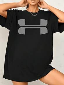 Símbolo geométrico doble en tono gris que representa fuerza equilibrio y energía moderna evocando confianza y movimiento constante camiseta de mujer suelta casual 220g cómoda y versátil - Negro - Ver 8