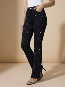 pthirillo Women's Black Flare Jeans With High-Waisted Butt-Lifting Effect And Rhinestone Detail. - 彩色水鑽和水鑽混合物 - 查看 8