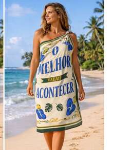 Women's Laser Cut Seamless Beach Cover-Up | Lightweight Pareo With Tropical Print For Beach, Pool, And Summer - Tropical Writing - View 3