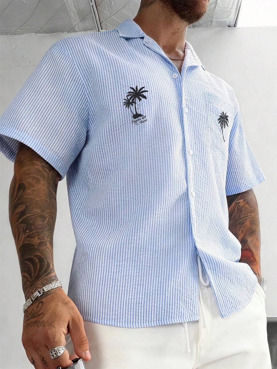 Áo sơ mi nam tay ngắn in họa tiết tối giản, phong cách thường ngày. - Xanh và trắng - Xem 1