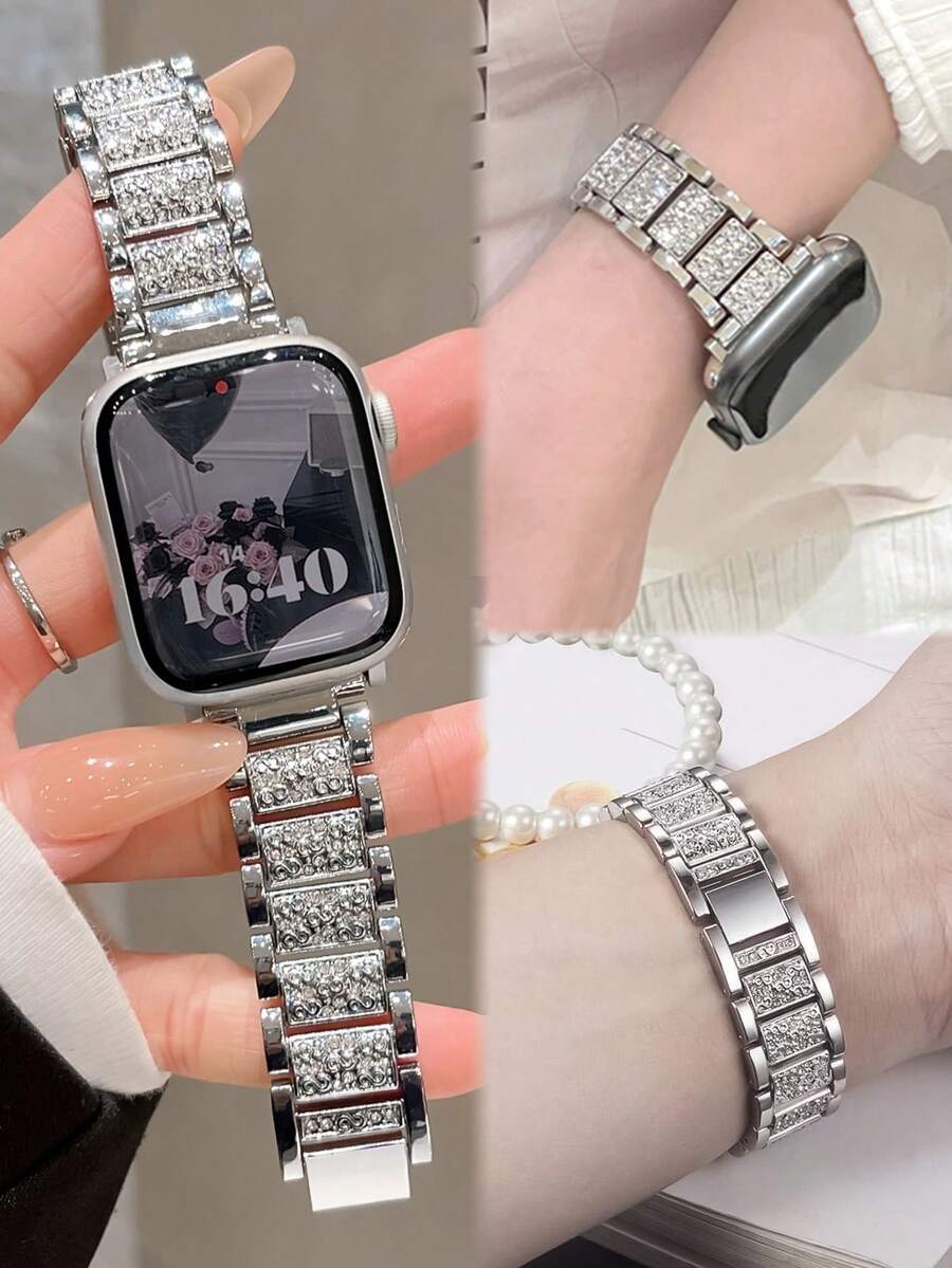 Huastonband 1件女款銀色金屬可調節錶帶，兼容 Ultra 3 SE S10 S9 S8 S7 S6 S5 S4 S3 S2 S1，提供 38mm、40mm、41mm、42mm、44mm、45mm、49mm、46mm 尺寸（不含手錶）。銀色珠寶金屬可調節女款錶帶