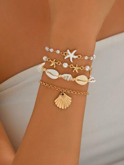 4pcs/Set Fashion Ocean Style Metal Starfish & Shell Decor Handmade Beaded Bracelet, Bohemian Multi-Layer Bracelet Jewelry For Women, Suitable For Daily Wear, Beach, Travel