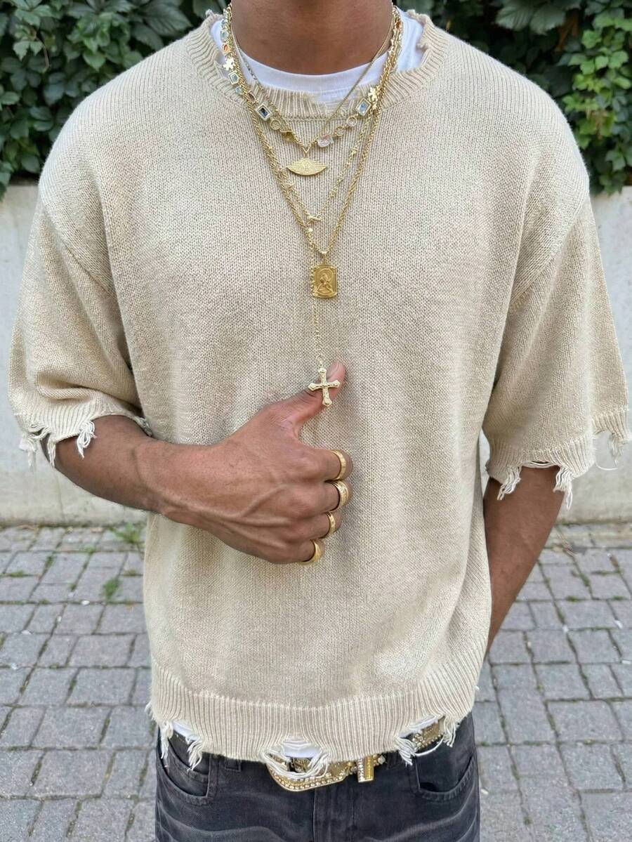 ANDREILEE Men's Spring/Summer New Unisex Korean Style Minimalist Solid Color Distressed Fringe Lightweight Semi-Sheer Loose Knit Short Sleeve Sweater, Apricot - Apricot - View 1