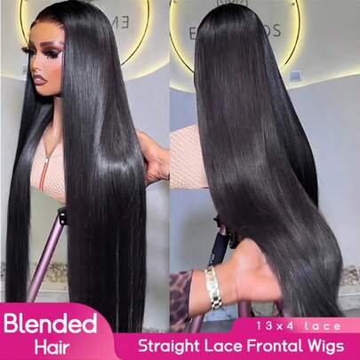 PQL 13x4 HD Lace Front Straight Human Blended Hair Wigs For Women Pre Plucked Remy Frontal Wigs Glueless Human Blended Hair Brazilian HD Transparent Lace Frontal Wigs 180% Density Long Length Human Hair Lace Wigs Natural Black Color